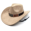 Detail of western cowboy hat featuring a metal bull head emblem on brown leather band - M (56-58cm) / Camel