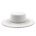 Detail of silver rhinestone fringe and crystal tassels on white felt flat brim boater hat - M(56-58cm) / White