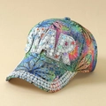 Detail of tropical print baseball cap with STAR lettering in pearls and rhinestones - One Size / Purple
