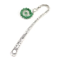 Detail of vintage silver bookmark featuring sun carvings and a green bead spiral pendant - Silver+Aventurine
