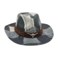 Fashion patchwork denim cowboy hat with brown leather band and silver ox head ornament - One Size / Black (Denim White Bull)