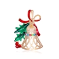 Spilla a campanella di Natale con foglie di smalto rosso e strass multicolori su base dorata - Stile Fiocco e Campana (C613-A)