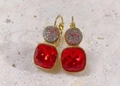 Fashionable titanium steel drop earrings with red square crystal and grey round stone details - White + Red