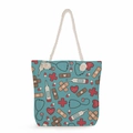 Nurse themed canvas tote bag with stethoscope prints and sturdy cotton rope handles - Blue-green Medical Elements Tiled Style (ms4567)