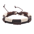 Close-up of brown leather bracelet with beige woven rope detailing and vintage style - Brown Leather Brown & White Wire