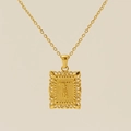 Gold plated square filigree pendant necklace featuring a 3D letter T relief design - Letter T