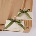 Champagne wedding favor box with dark green ribbon, wooden ring, and embossed text - New Beige Box + Light Green Ribbon / Small Size (do Not Use Wooden Rings)