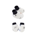 Muffole antigraffio per neonati in cotone bianco con polsini blu e stampa dinosauro - Set Guanti e Scarpine Piccolo Dinosauro Blu Notte