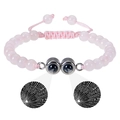 Detail of pink stone beaded bracelet featuring multi-language I Love You projection pendant - Rose Quartz