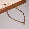 2mm natural tourmaline beaded necklace with golden sun pendant in earth tones - XL0072 Earth Tone Beads with Sun Pendant