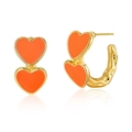 Irregular C-shaped heart earrings in orange enamel and 18K gold plated brass - Orange Double Heart Hammered Hoop (KE0719-1)