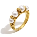 Bague rétro en acier inoxydable plaqué or 18K avec quatre perles blanches sur anneau - US 6 / Doré