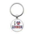 Close-up of a London souvenir keychain with Union Jack heart and I Love London charm - I Love London Flag Heart