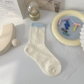 Cream and light blue ribbed cotton crew socks with vertical knit hollow stripe texture - Light Blue Contrast Cuff