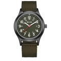 Military quartz watch with olive green canvas strap and black PVD case on white background - Green