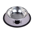 White non-slip stainless steel dog bowl featuring a cute black cat face design - Gray
