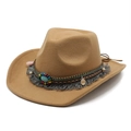 Detail of khaki felt cowboy hat featuring turquoise bead band and tassels - M(56-58cm) / Camel