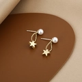 Elegant gold star stud earrings featuring round white pearls on a textured background - E1724-1-Gold Star Pearl Drop Earrings