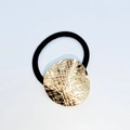 Elegant black elastic hair tie with textured round gold alloy metal piece for women - Circular Mesh Engraving (Hair Tie 72)