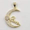 Gold moon pendant necklace featuring Love script and sparkling pave crystal accents - Moon Gold Pendant