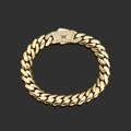 Nahaufnahme von 14K Gold-Cuban-Gliederkette mit kristallbesetztem Verschluss und S-Logo - 10mm / 7,5 Zoll (19.05cm) / Gold