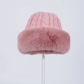 Pink winter knit hat with cozy deer antlers and plush ear flaps in soft braided texture - Twist Mongolian Plush Hat / Pink