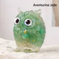 Aventurine Jade owl figurine with gold leaf accents on a white stone base - Green Aventurine Style 2