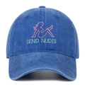 Close-up of pink female silhouette and green embroidery on blue washed cotton cap - Dark Blue