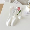 White combed cotton crew socks for women with pink tulip embroidery and elastic cuffs - One Size / White
