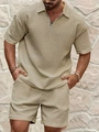 Completo uomo in maglia a nido d'ape con polo e pantaloncini beige tempo libero - S / Cachi