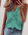 Close-up of green sleeveless chiffon blouse featuring elegant V-neck ruffle detailing - S / Tops / Green