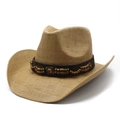 Cappello da cowboy vintage in paglia a tesa larga con fascia di perline per spiaggia estiva - M (56-58cm) / Cachi