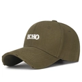 Army green distressed baseball cap with white ECHO embroidery and frayed brim details - Dark Coffee