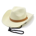 Beige straw cowboy hat with brown leather band and adjustable chin strap for sun protection - M(56-58cm) / Cream