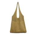Detail of beige knit tote bag showing intricate hollow mesh and diamond woven patterns - Khaki