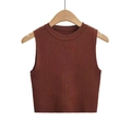 Close-up detail of the brown ribbed knit sleeveless crop top with crew neck design - S / Chocolate