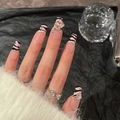 Pink semi-transparent coffin press-on nails with black zebra print and 3D bow charms - HY267 Pink Black Zebra Bow