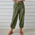 Army green linen blend wide leg lantern pants with drawstring waist and buttoned cuffs - Army Green