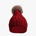 Red knit winter hat with brown faux fur pom pom and thick vertical ribbing style - Kids (50-54cm) / Dark Red