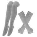 Detailed view of grey knitted over-the-knee socks and matching thumbhole arm warmers set - One Size / Pure Light Grey