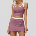 Two-piece yoga set with dusty pink crop top and matching mini skirt with white contrast trim - S / Top And Bottom (Tank Top + Skirt) / Violet