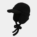 Detail of black sherpa fleece trapper hat with warm ear flaps and adjustable long straps - One Size / Black