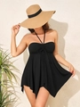 Detalle del escote halter negro con busto pliszado y dobladillo de tankini fluido - S / Negro