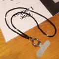 Luxury black rhinestone woven phone lanyard with silver metal ring and gray connector - Long Full Rhinestone Lanyard + Round Buckle + Light Gray Patch / Black