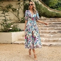 Deep V-neck short sleeve floral midi dress with high waist and puff sleeves for summer - S / Green (Multicolor Floral)