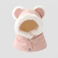 Detail of pink fleece hooded scarf for kids featuring bear ears and faux fur trim - 54cm (3-8 Years) / Pink