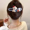 Pince à cheveux vintage française avec tissu à carreaux bleus et décor d'ours blanc - environ 12CM / 6# Pince de Base Bleue & Chiot Blanc