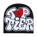 Black knit beanie with Top Tier jacquard lettering and red broken heart pattern - Black with White Letters