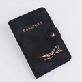 Detail of black PU leather RFID passport holder with gold airplane and snap closure - Airplane Pattern / Black