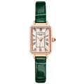 Women's rose gold rectangular watch with green crocodile leather strap and Roman numerals - Square Leather Style / Green Leather Strap